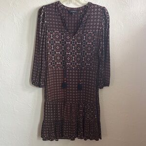 Liverpool Navy and Orange Printed Tie-Front 3/4  Sleeve Dress